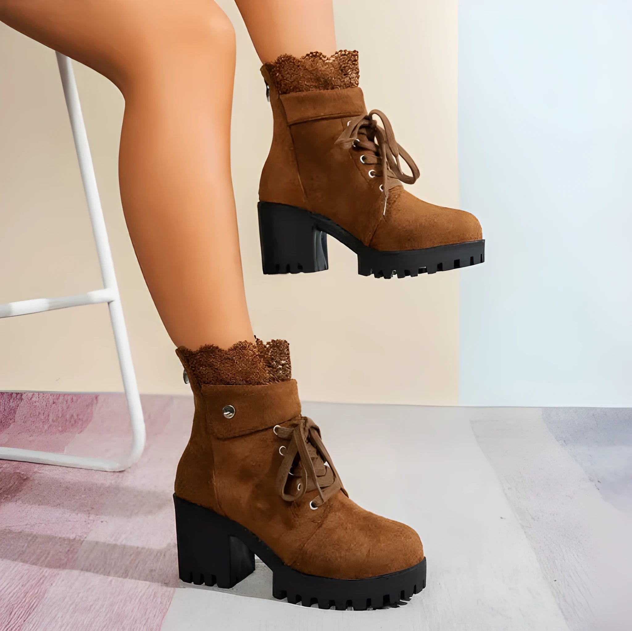 Chunky heel lace-up Martin boots in patent leather with platform sole, three colour options