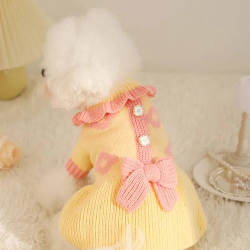 Yellow XINGX and Fairy Dress style acrylic knit dog sweaters for small breeds in autumn.