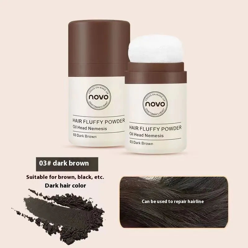 Mattifying hair and face powder for oil control on bangs, available in three shades