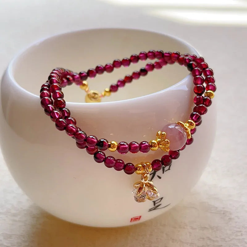 Natural garnet double ring bracelet on women's wrist, manual craft, H311 colour