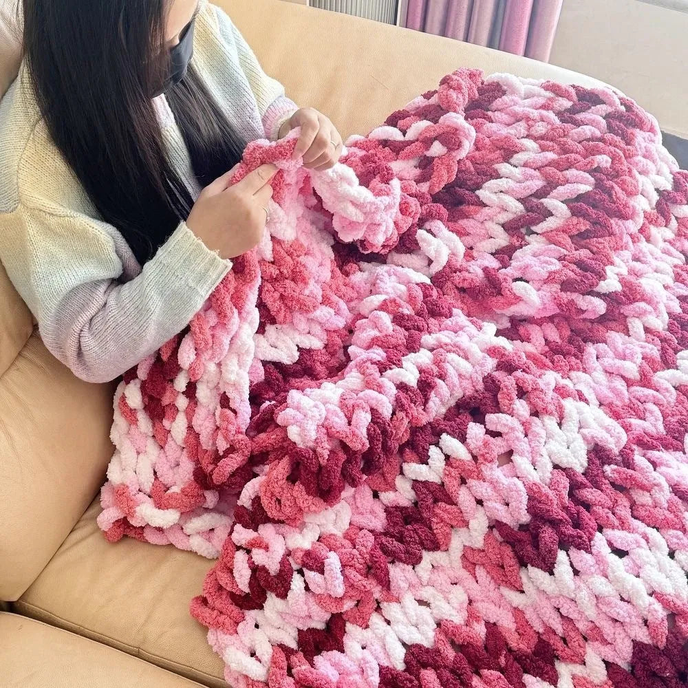 Coarse yarn chenille knitted blanket with braided gravity weighting in modern simplicity styling