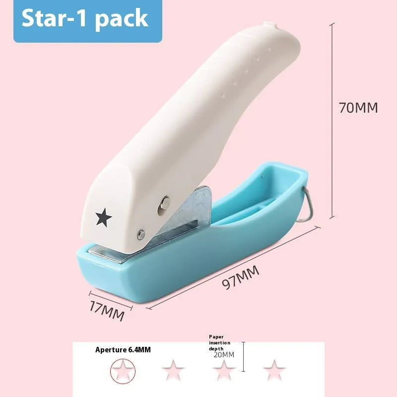 Small manual kindergarten pattern punching machine with four shaped punches for classroom crafts