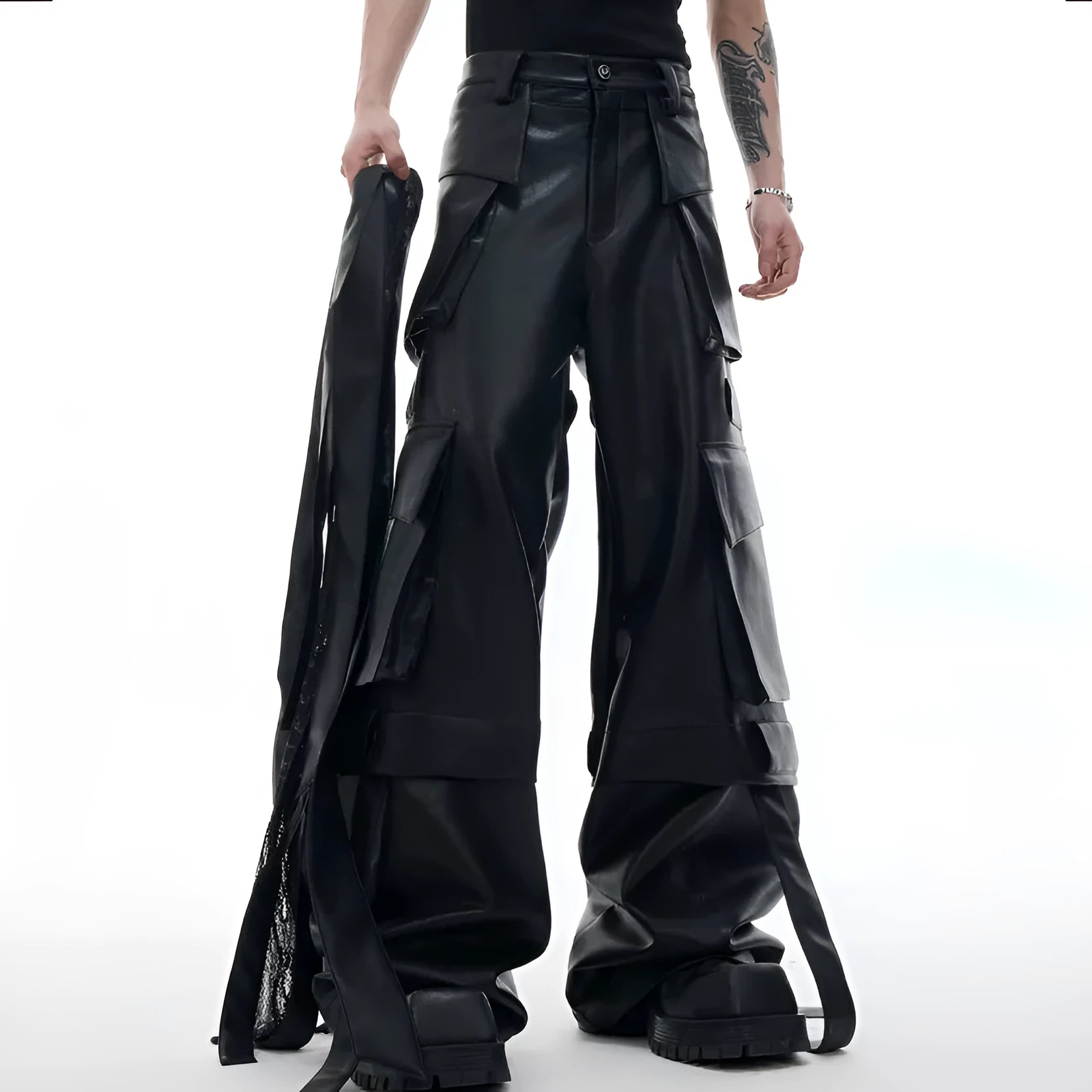 Black loose fit retro pants with multiple pockets, quilted stitching details and ribbon trim