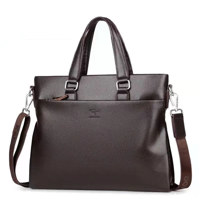 Men's PU leather business messenger bag with splicing detail, measuring 35x30x4cm