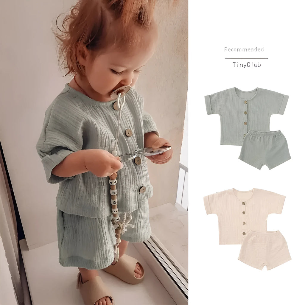 Five-point short sleeve set summer pure cotton fabric beige apricot colour for baby boys girls