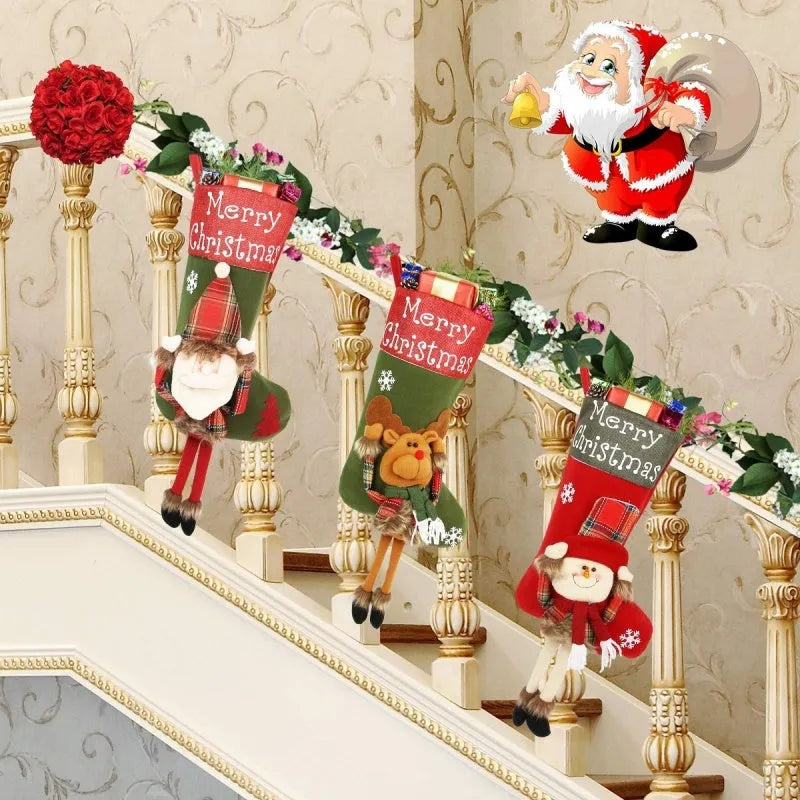 Set of three large 18-inch Christmas stockings with Santa, Snowman, and Reindeer 3D applique designs, hanging on a wooden mantel with festive decorations.