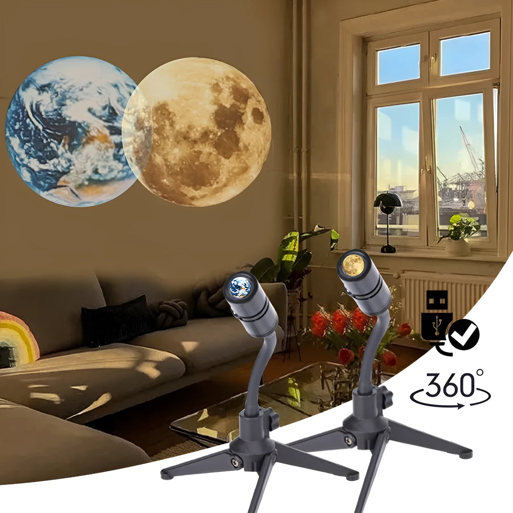 Earth and Moon LED projector lamp with adjustable rotating bracket on wooden surface