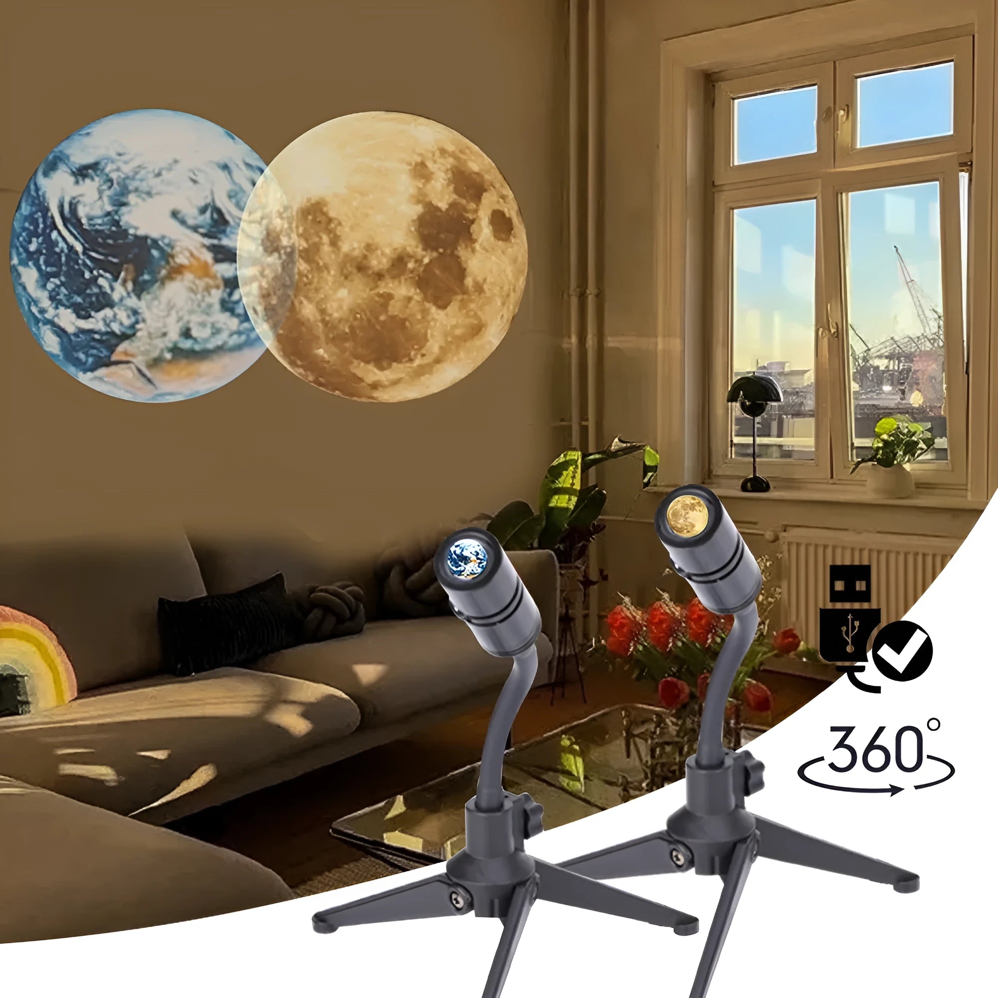 Earth and Moon LED projector lamp with adjustable rotating bracket on wooden surface