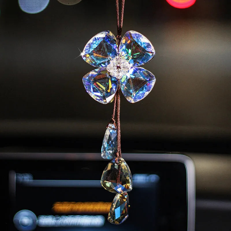 Crystal four leaf clover car pendant decoration approximately 20cm in transparent, champagne, black or shiny finish