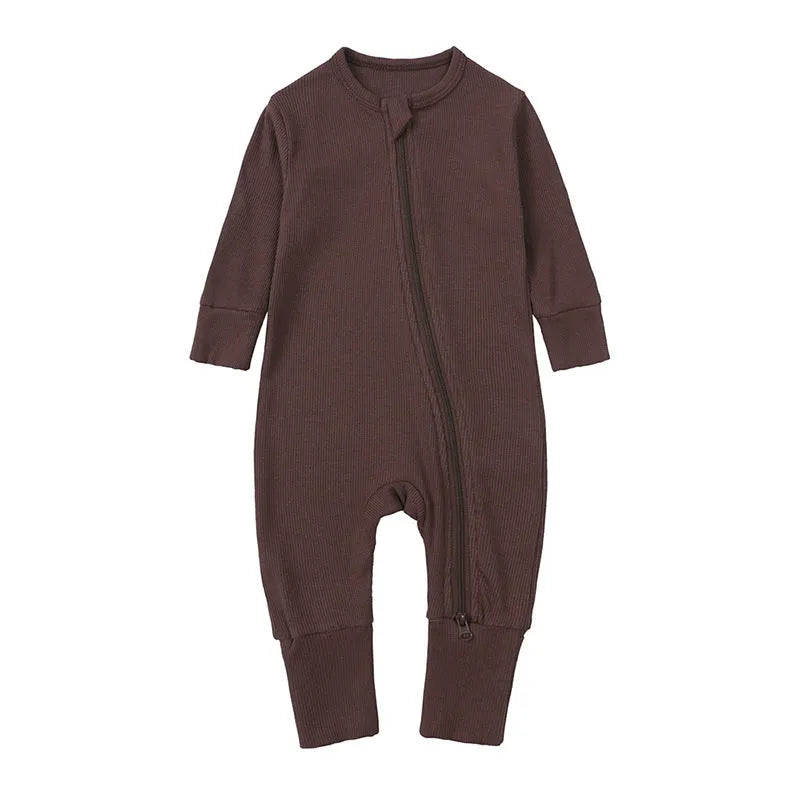 Solid colour rib fabric zip-up newborn baby romper in khaki, suitable for autumn, 0-24 months