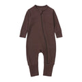 Solid colour rib fabric zip-up newborn baby romper in khaki, suitable for autumn, 0-24 months