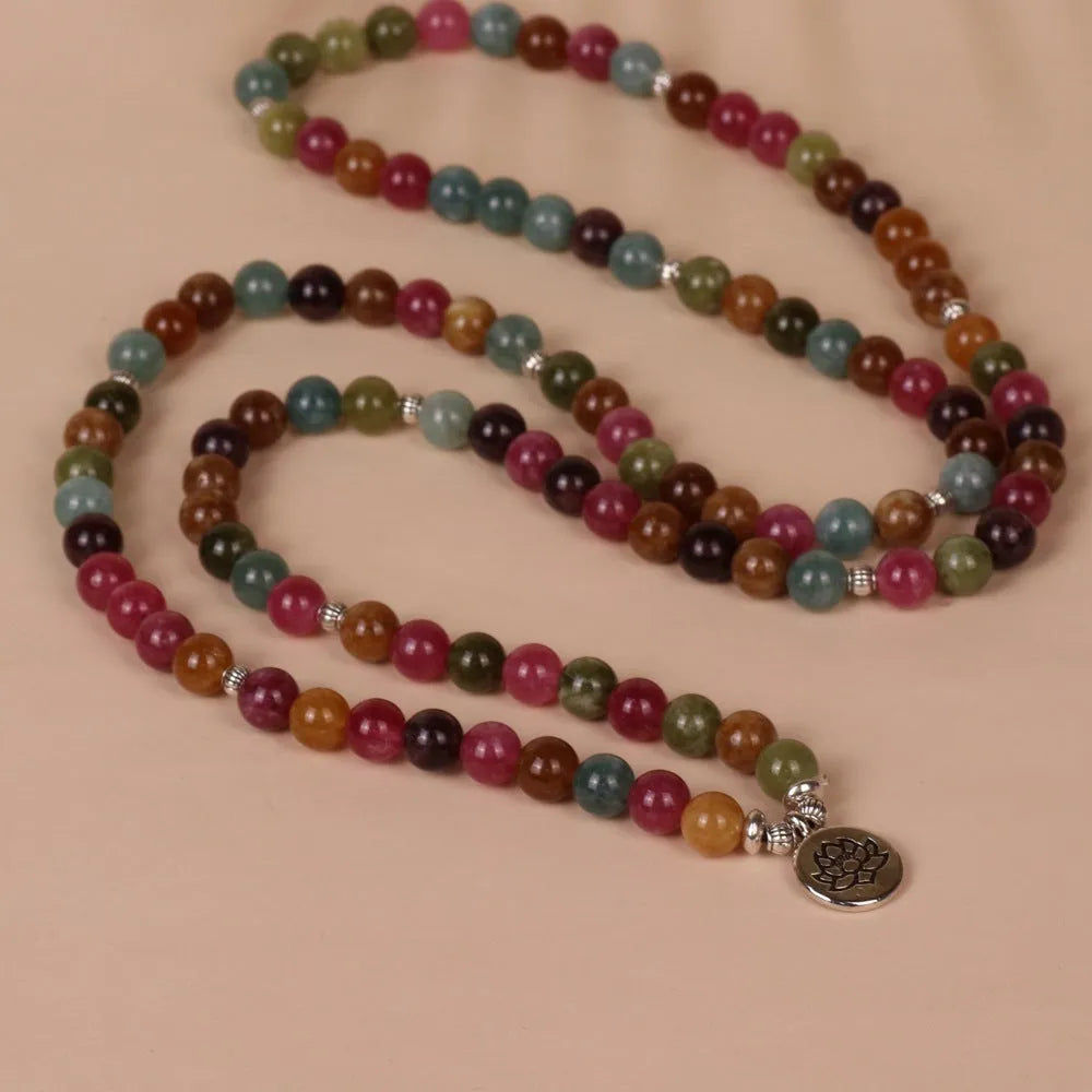 108-bead multi-layer bracelet with lotus hanging and tourmaline accents on alloy chain