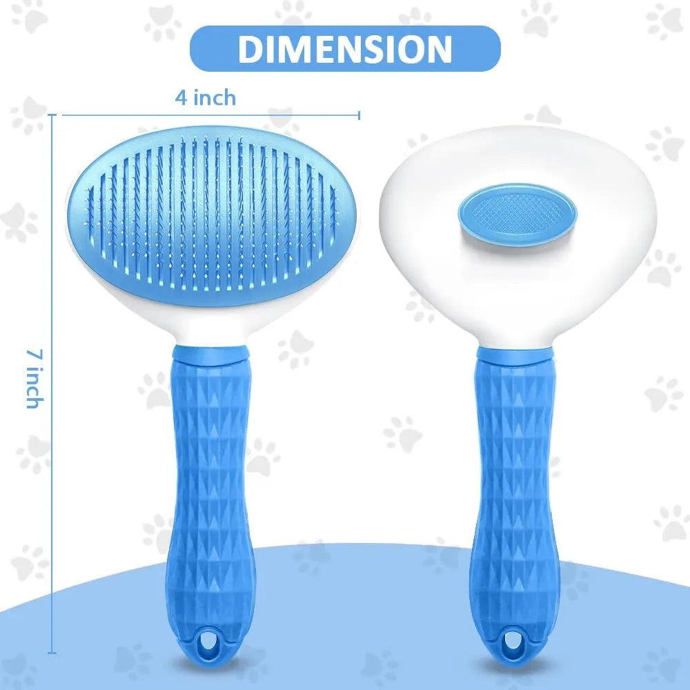 Cat grooming brush with a release button, featuring fine wire bristles, shown in blue colour.