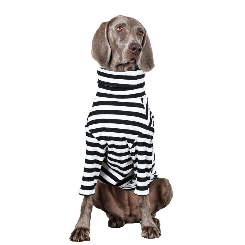 Black and white polyester dog clothing for large breeds with thin inner fabric shown in multiple size options