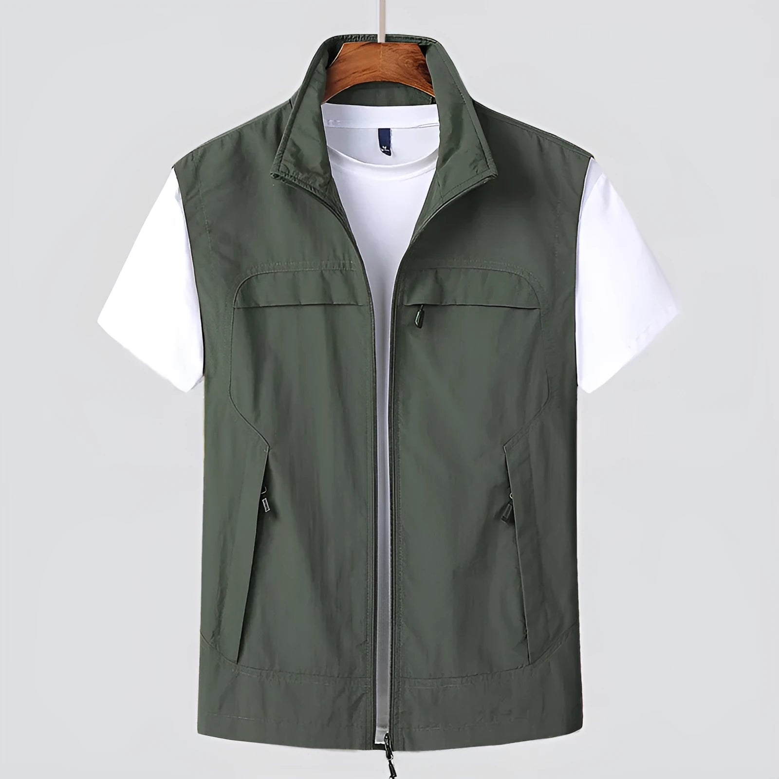 Men's striped waterproof vest with multiple pockets and hood in chemical fibre blend fabric