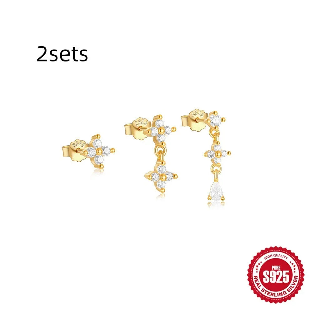 S925 sterling silver geometric zircon tassel earring set with three pairs showing different gold-plated colour variants