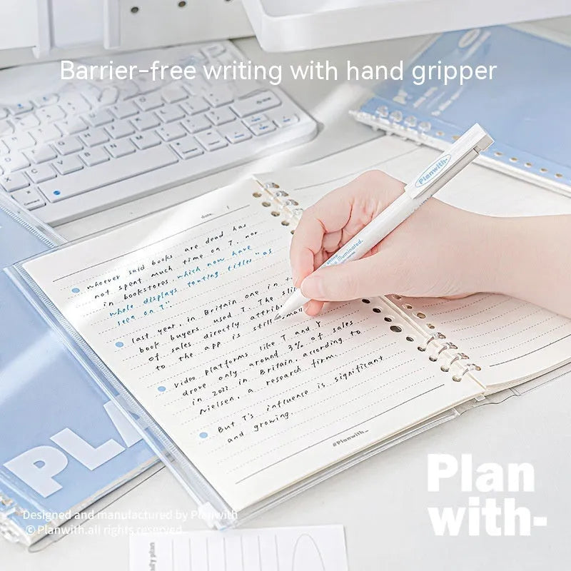 Transparent A5 PVC document canister with spiral notebook in white or blue, 148 × 210mm dimensions