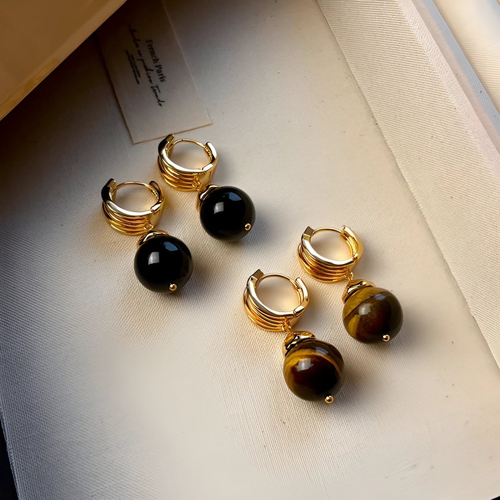 Brown Tigereye stone geometric circle earrings with gold plated Maillard chain in French retro style