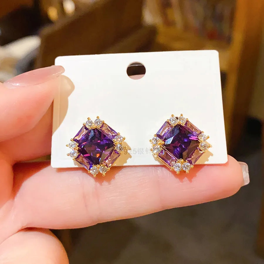 Light luxury heart-shaped zircon inlaid copper ear studs for women, gold, silver, purple, blue colours, geometric design