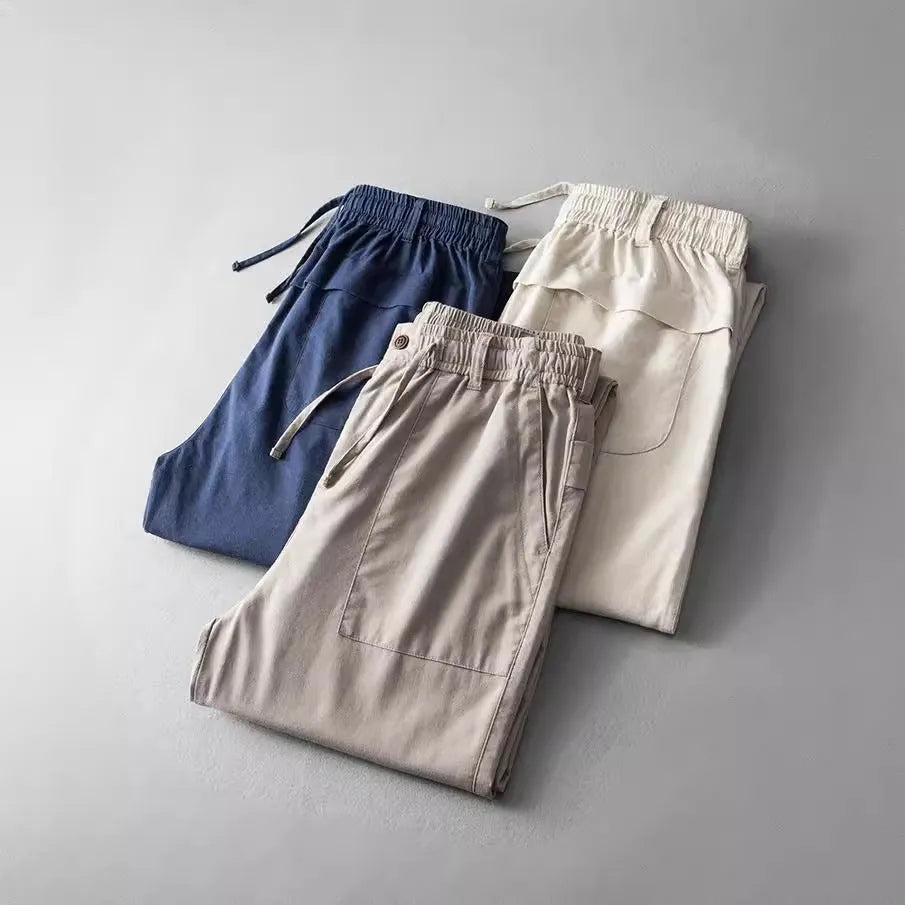 Men's linen casual trousers in navy blue, apricot linen and grey colours with mid waist design