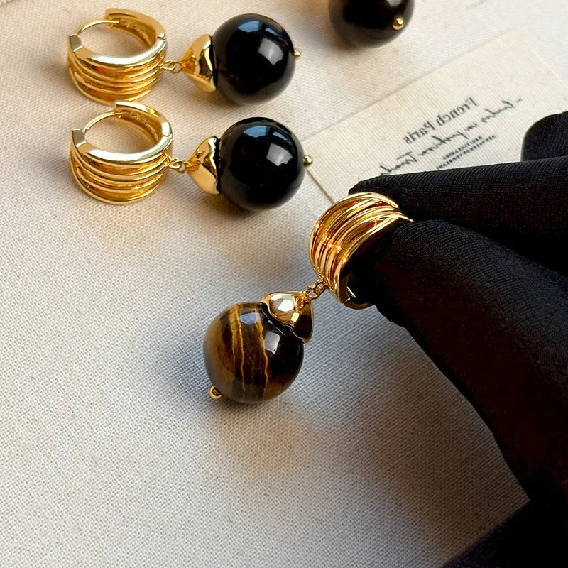 Brown Tigereye stone geometric circle earrings with gold plated Maillard chain in French retro style