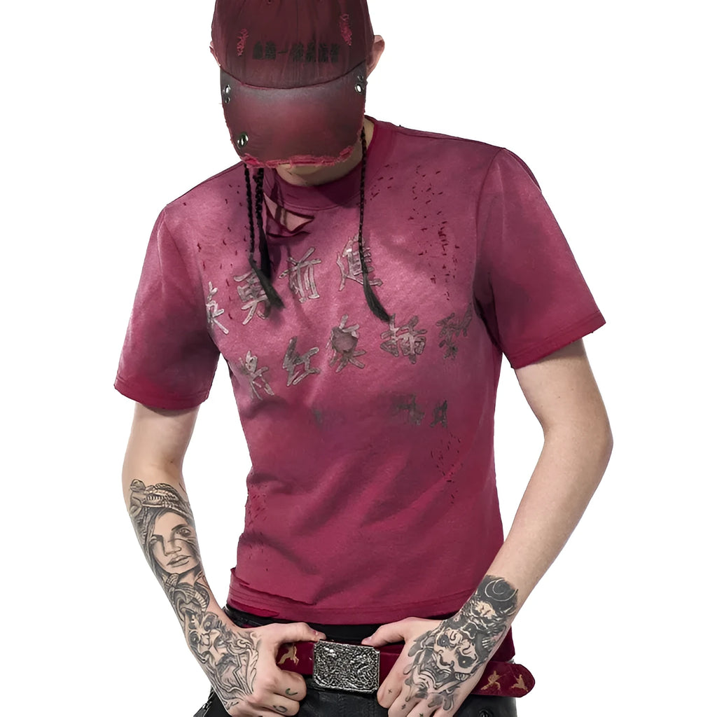 Red men's slim-fit distressed T-shirt with short sleeves and round neck