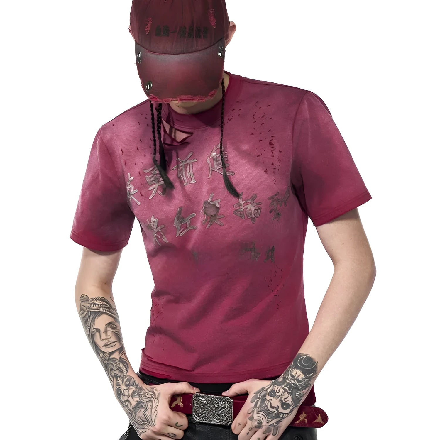 Red men's slim-fit distressed T-shirt with short sleeves and round neck