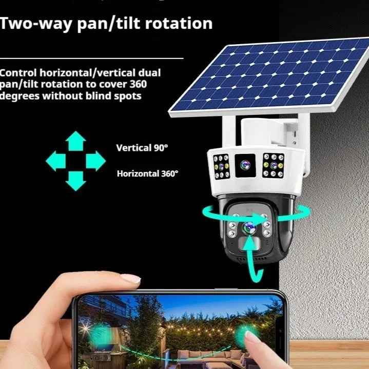 Solar-powered binocular surveillance camera with three-screen display for outdoor security monitoring