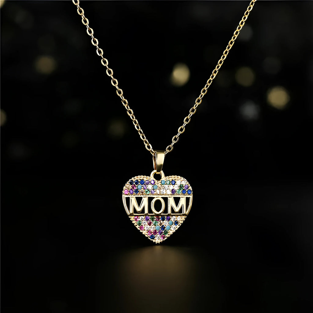 Peach heart MOM pendant necklace in gold colour, copper material, on adjustable chain