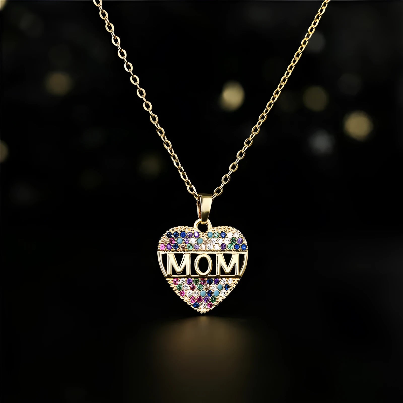Peach heart MOM pendant necklace in gold colour, copper material, on adjustable chain