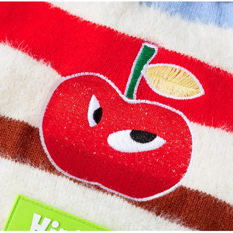 Rainbow apple striped knitted dog pullover sweater for Corgis with apple embroidery, brown and white, autumn winter warm wear.