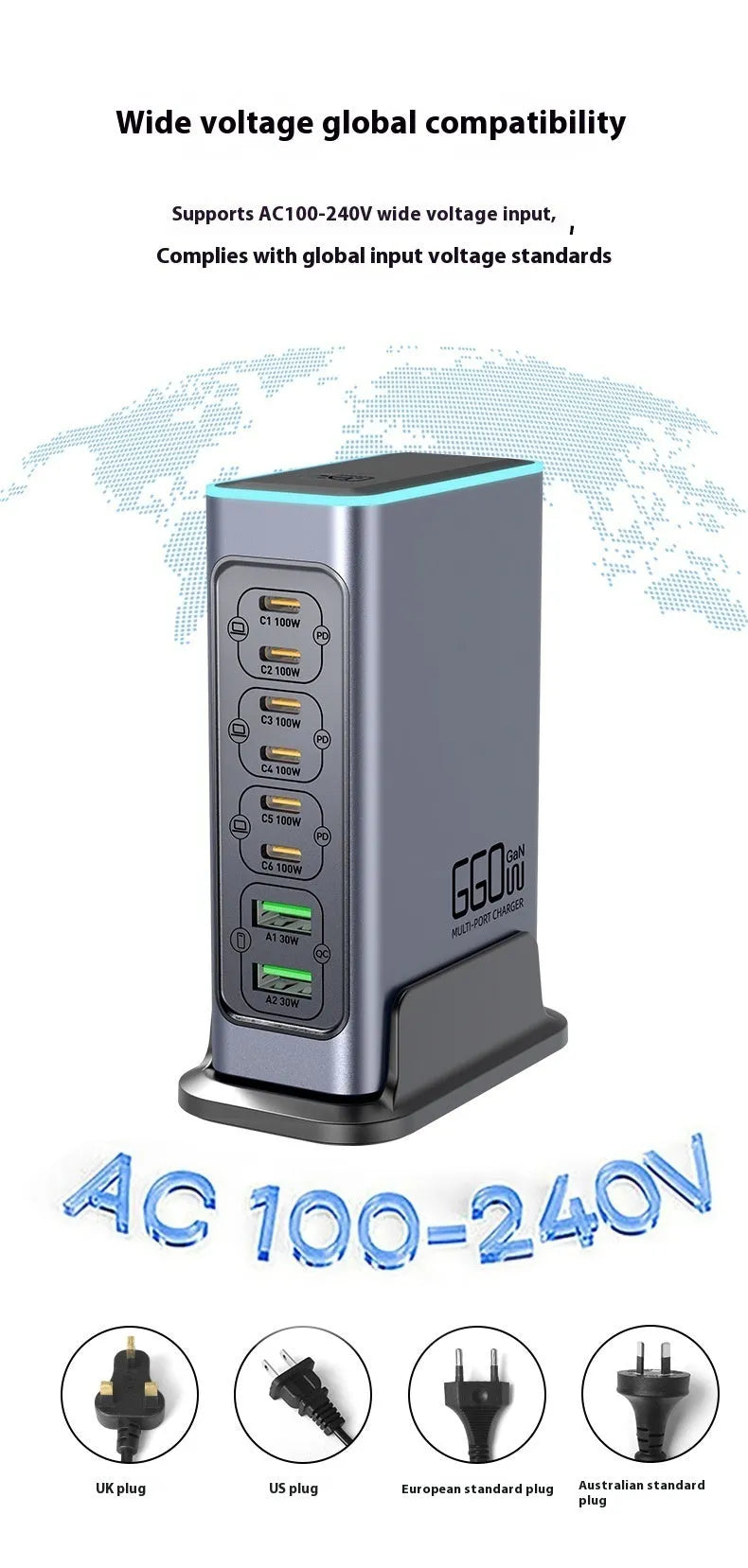 660W gallium nitride desktop charger with multiple USB-C ports and international plug variants