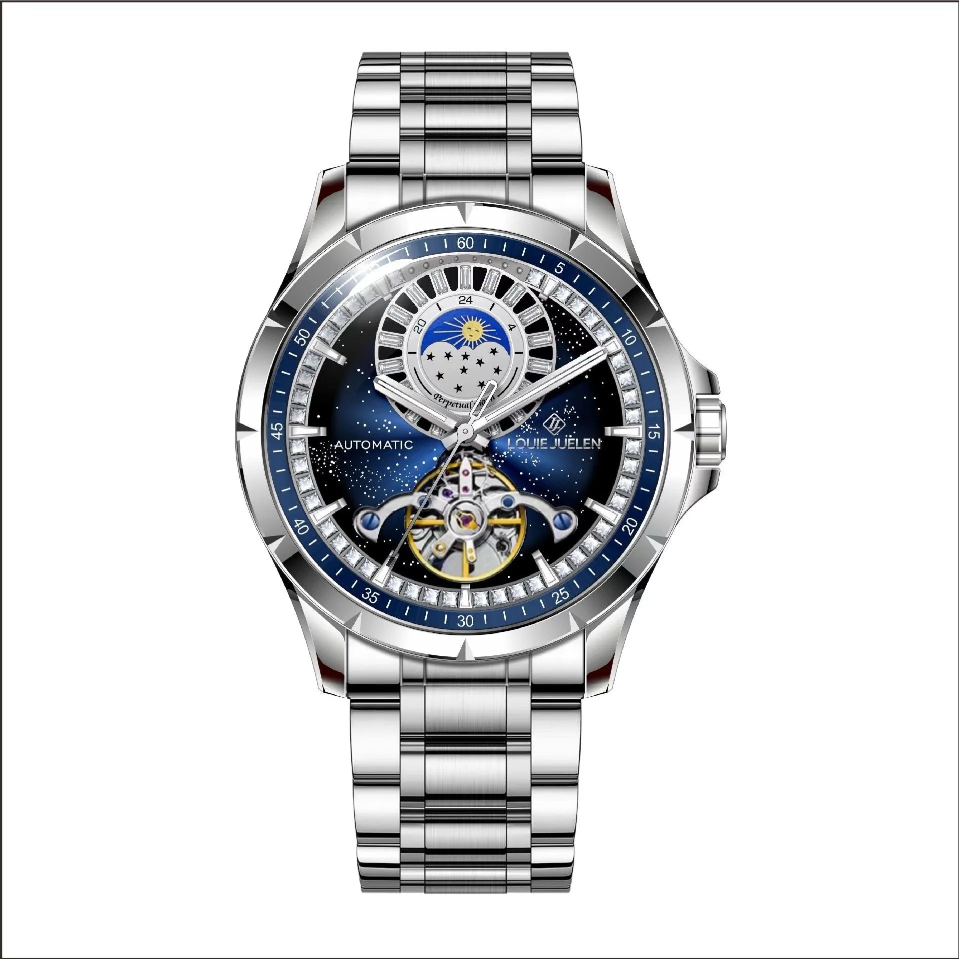 Men's silver automatic mechanical watch with blue dial and stainless steel butterfly buckle