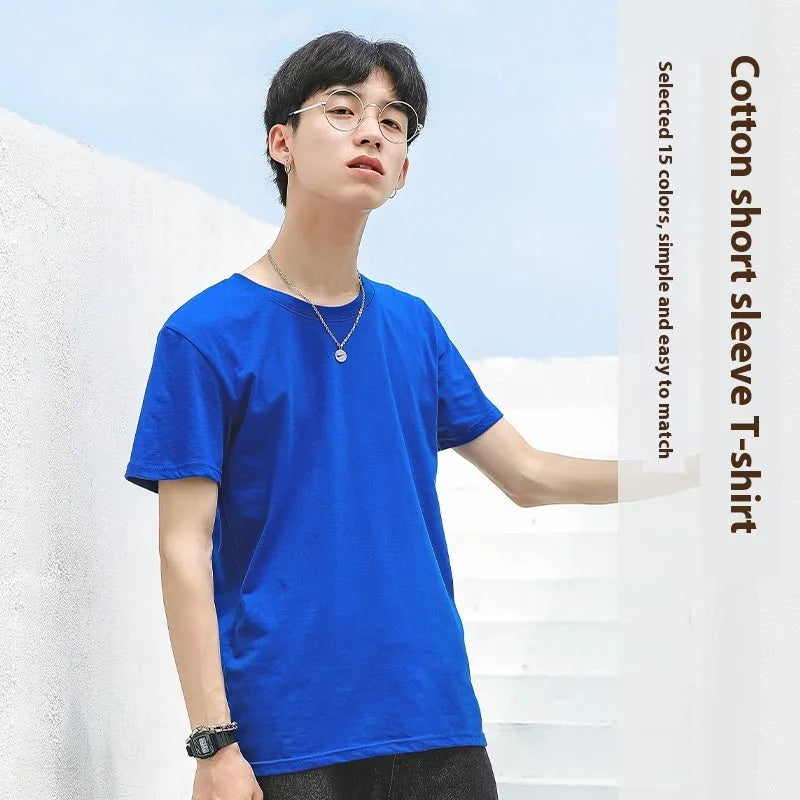 Men's solid colour round neck t-shirt in combed cotton fabric shown in multiple colour options