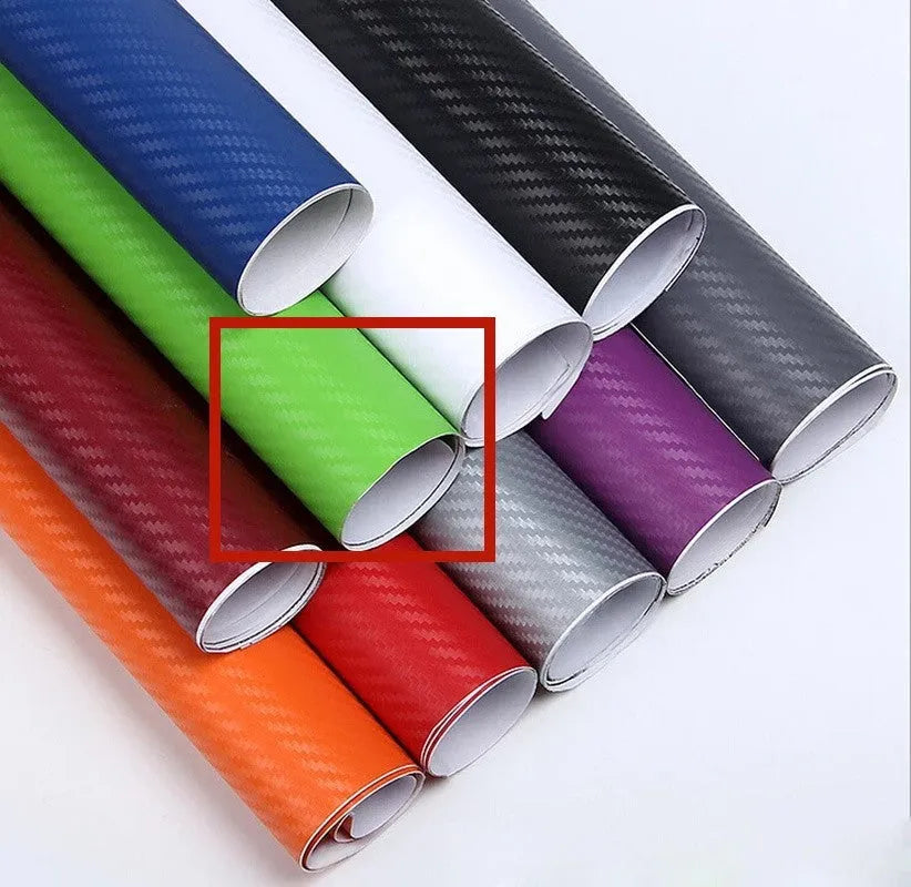 Roll of 3D carbon fibre car sticker in multiple colour options showing dimensions