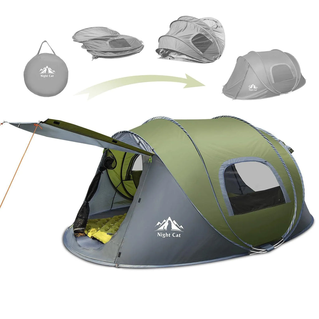 Dark green automatic two-person camping tent erected in a field, showing its small house style and compact dimensions.