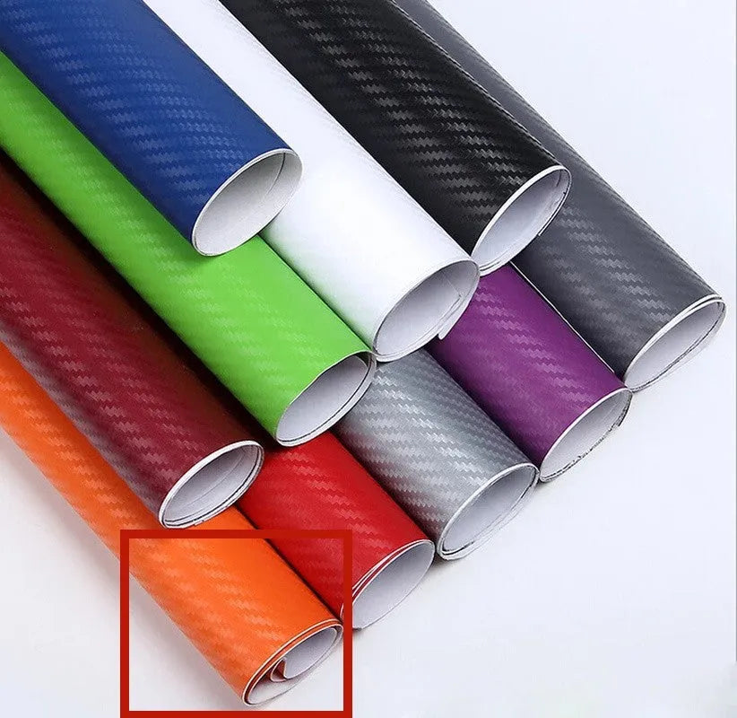 Roll of 3D carbon fibre car sticker in multiple colour options showing dimensions