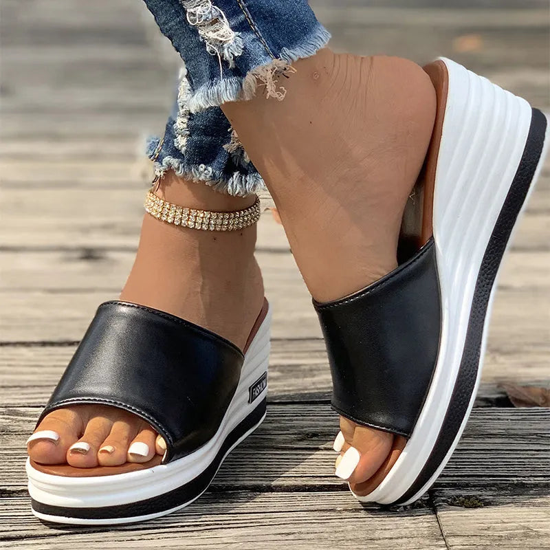Women's fish mouth wedges sandals with hollow design high heel, PU upper, rubber sole, in black/white