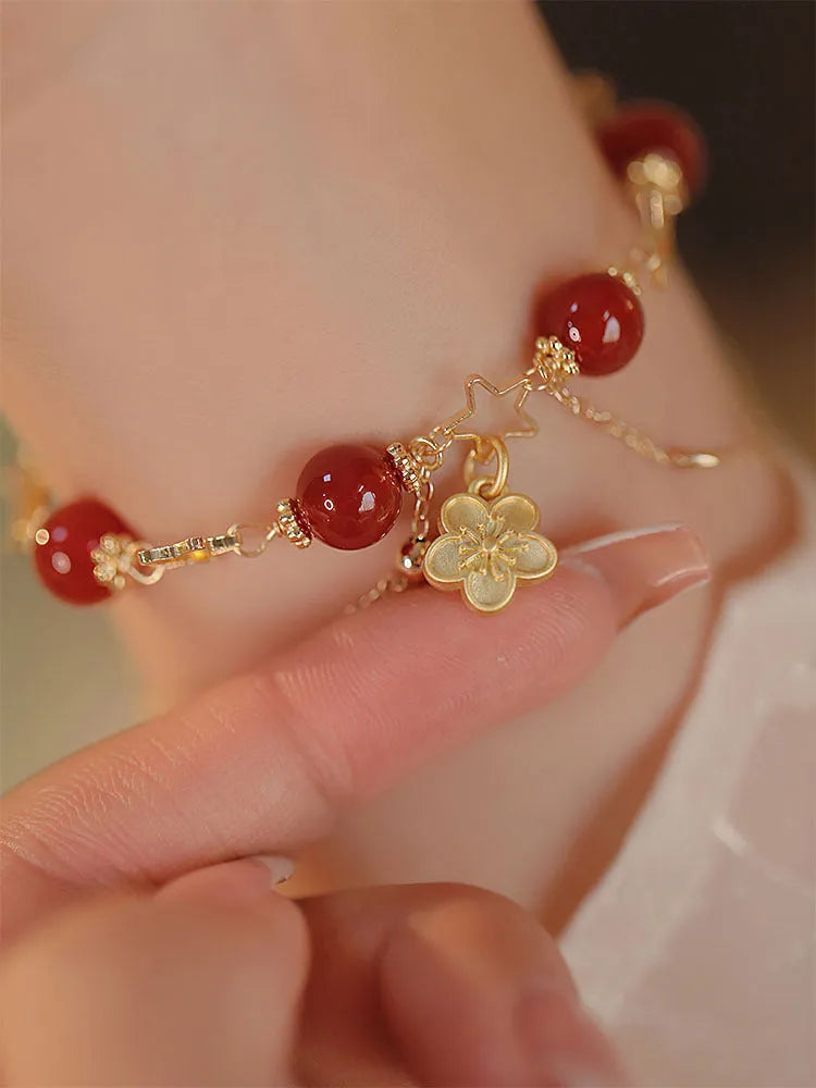Red agate double layer bracelet with peach blossom ethnic design elements