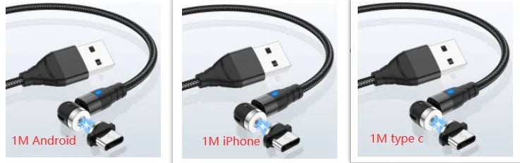 Black magnetic charging cable with LED diamond lamp, showing Android and Type-C magnetic connectors.