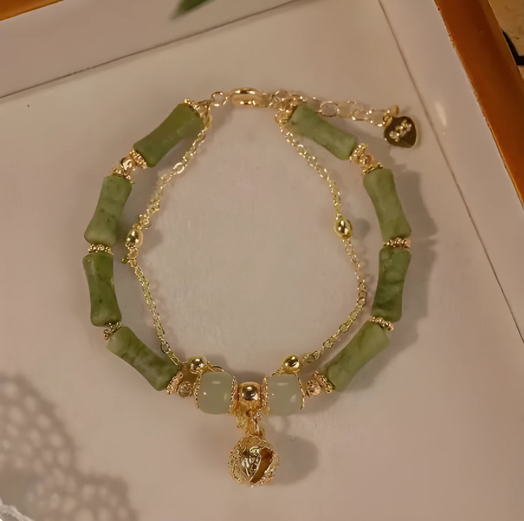 Women's Hetian jade bamboo bracelet on wrist, adjustable 15+3 cm, natural stone geometric design