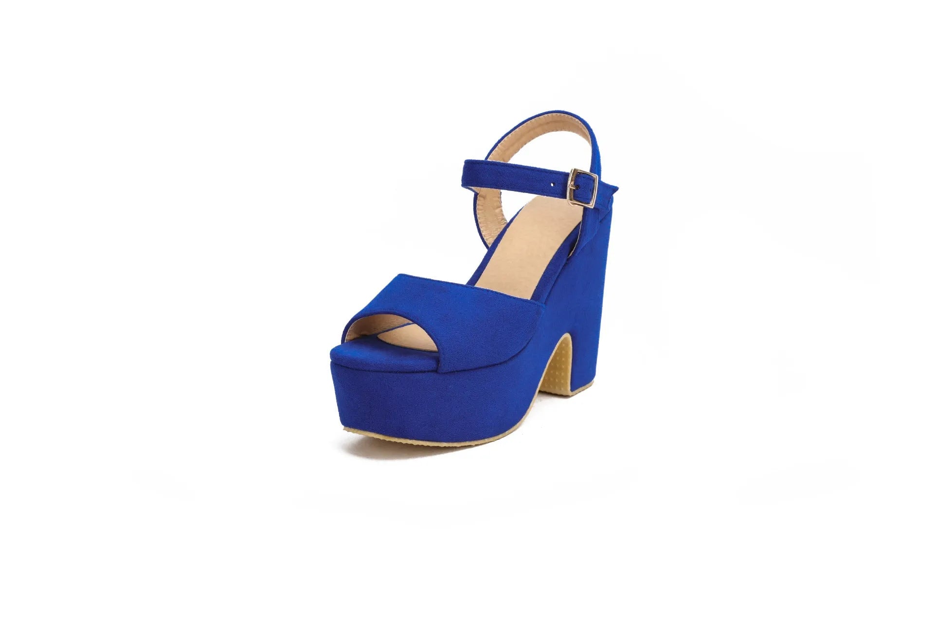 Women's black platform sandals with ankle strap and open toe design on suede upper