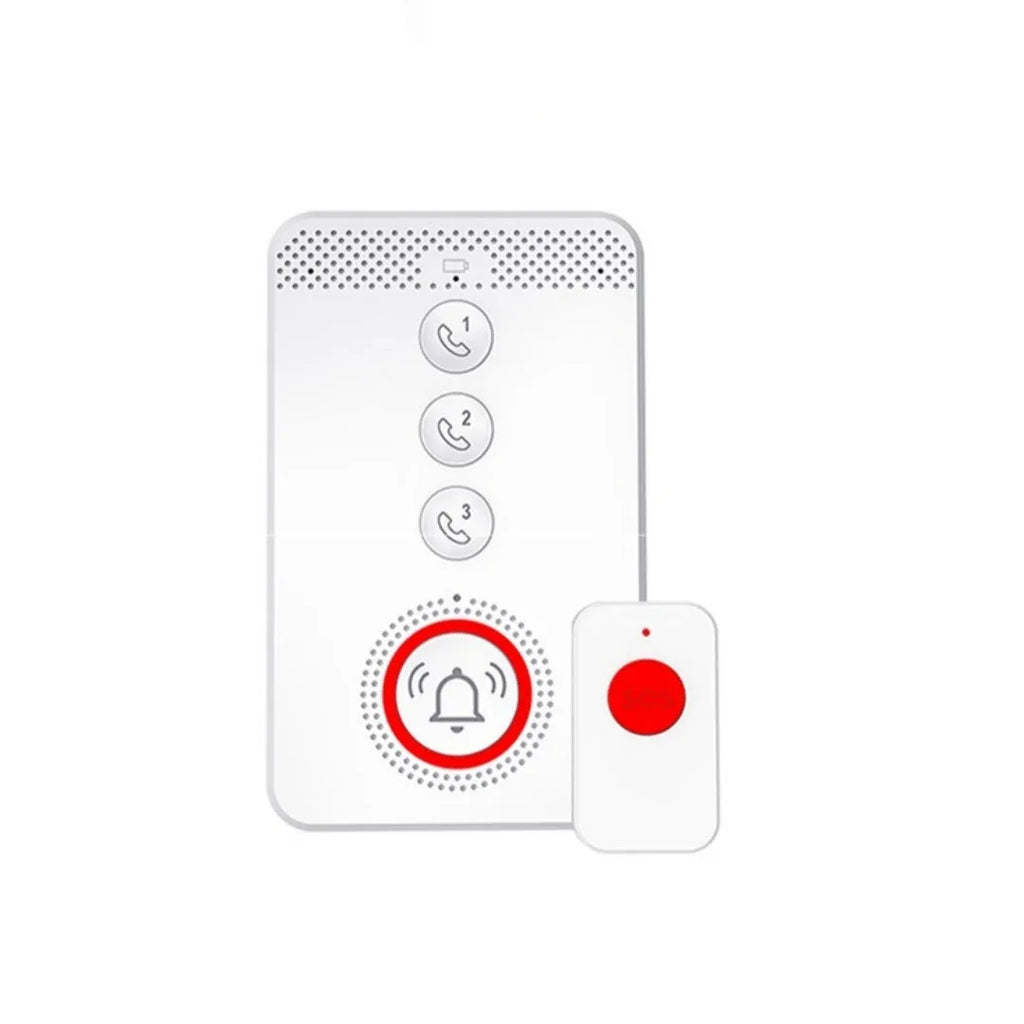 White emergency alert device with buzzer unit and three wireless emergency buttons