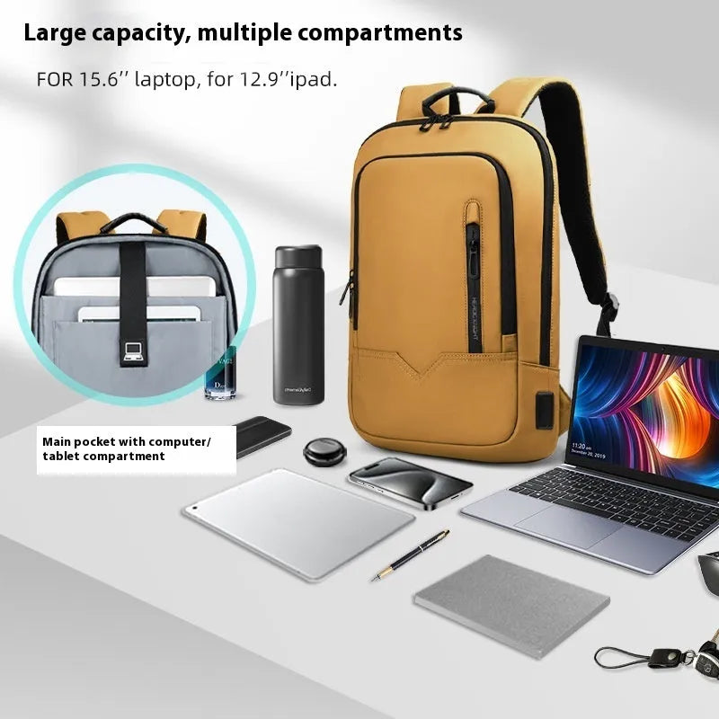 Solid colour polyester laptop backpack with USB charging port shown in olive green.