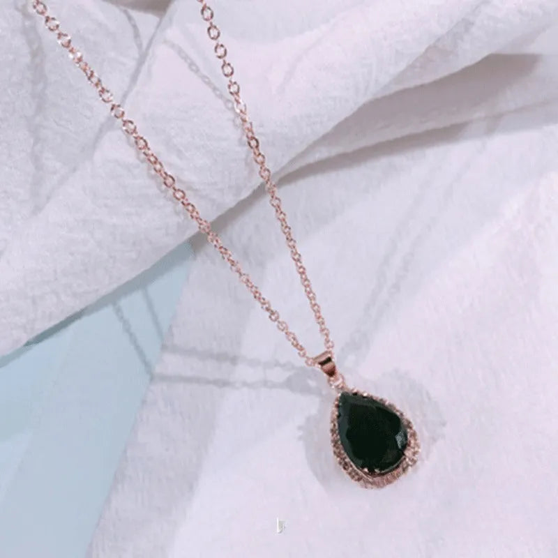 Rose gold drop necklace with rhinestone pendant in pink colour, geometric Japanese Korean style women's jewellery