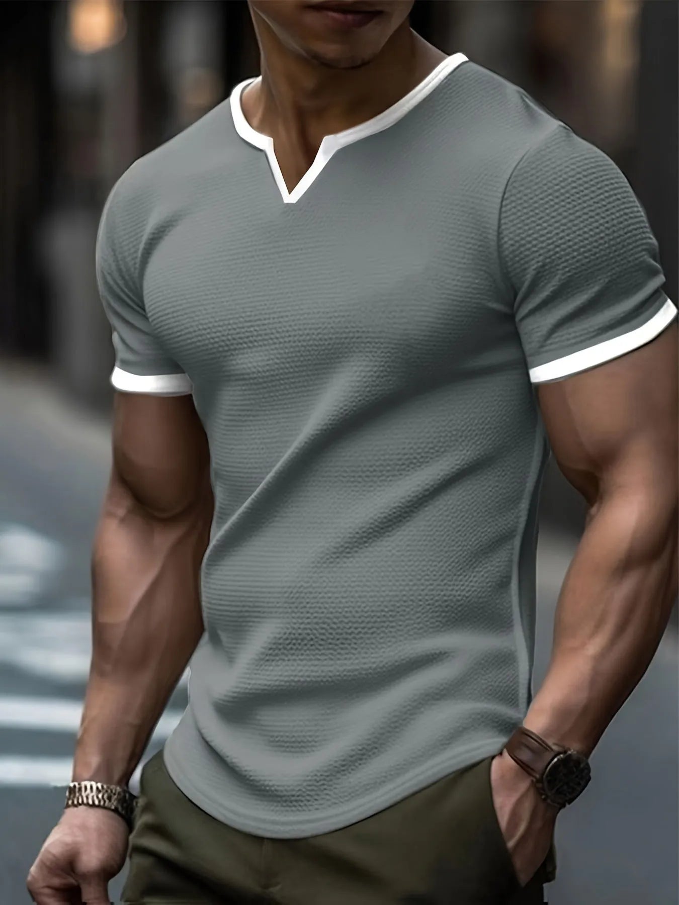 Colour-block V-neck outdoor sports waffle t-shirt in army green, polyester short-sleeve top