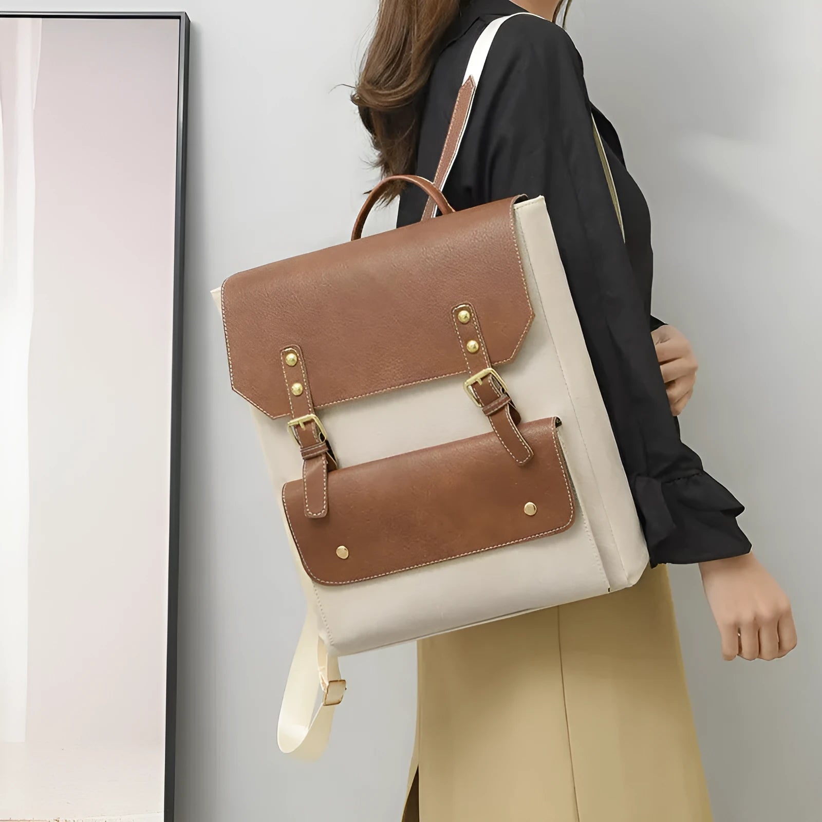 Korean retro style simple backpack in soft PU leather, shown in black, dark brown, milky white, and brown colour options.