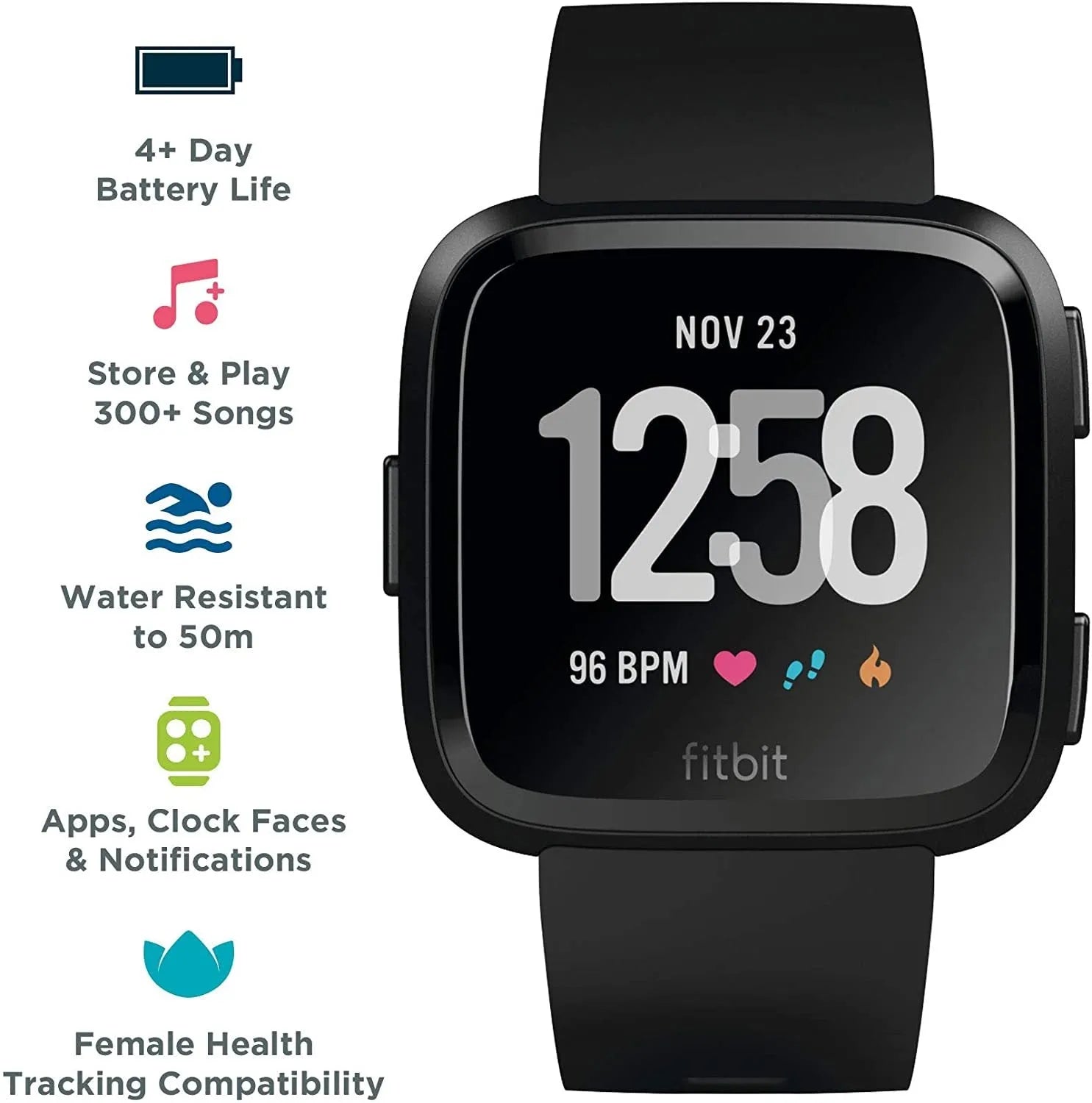Black waterproof smart watch with heart rate monitor on a silicone wrist strap, showing a 1.4 inch screen.