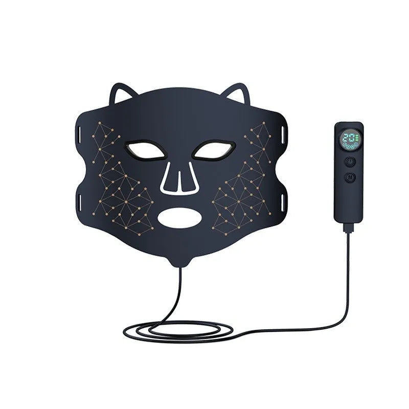 Black LED photon therapy mask with neck extension for facial skincare treatment