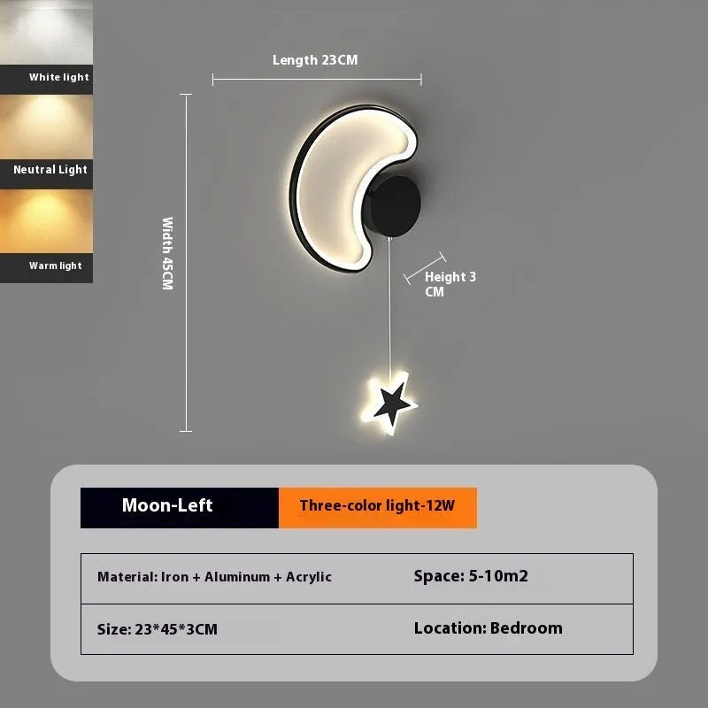 Children's cartoon cloud star wall lamp with LED light in black or white finish